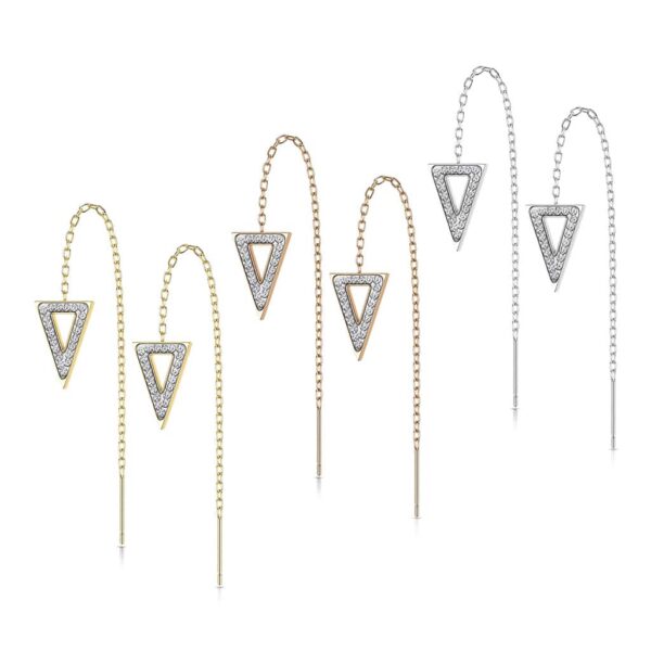 Paar threader oorbellen met ketting en triangle belegd met kristallen - Afbeelding 3
