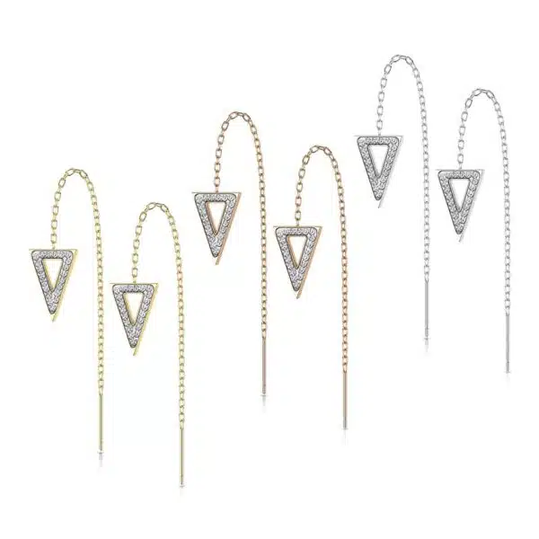 Paar threader oorbellen met ketting en triangle belegd met kristallen - Afbeelding 3