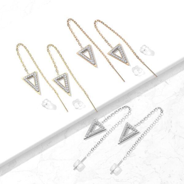 Paar threader oorbellen met ketting en triangle belegd met kristallen - Afbeelding 4