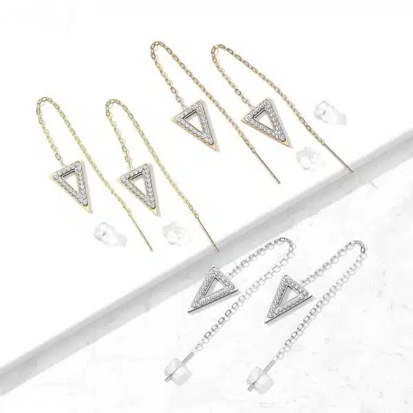 Paar threader oorbellen met ketting en triangle belegd met kristallen - Afbeelding 4