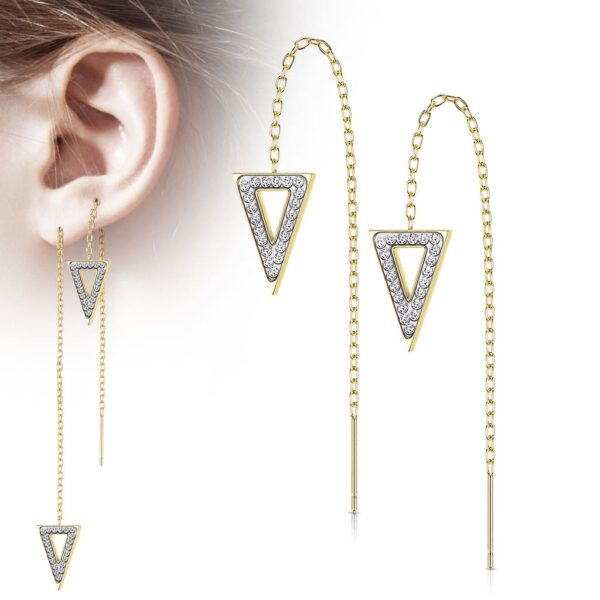 Paar threader oorbellen met ketting en triangle belegd met kristallen - Afbeelding 5