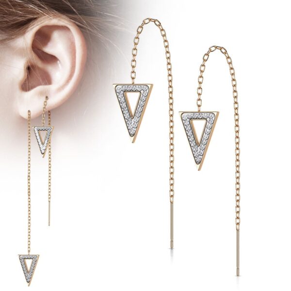 Paar threader oorbellen met ketting en triangle belegd met kristallen - Afbeelding 6