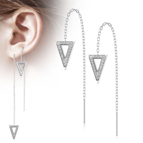 Paar threader oorbellen met ketting en triangle belegd met kristallen - Afbeelding 7