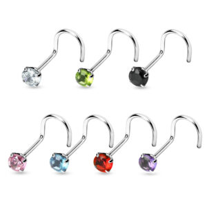 Zilveren neus screw piercing met ronde prong-set steen in verschillende kleuren
