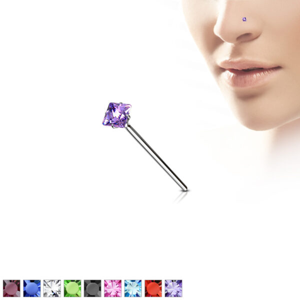 Fishtail neuspiercing 12mm met vierkante CZ steen van 2.5mm in verschillende kleuren