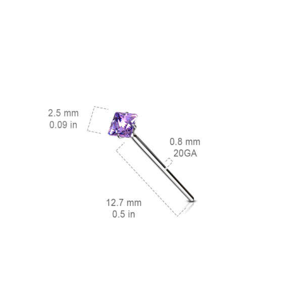 Fishtail neuspiercing 12mm met vierkante CZ steen van 2.5mm in verschillende kleuren - Afbeelding 2