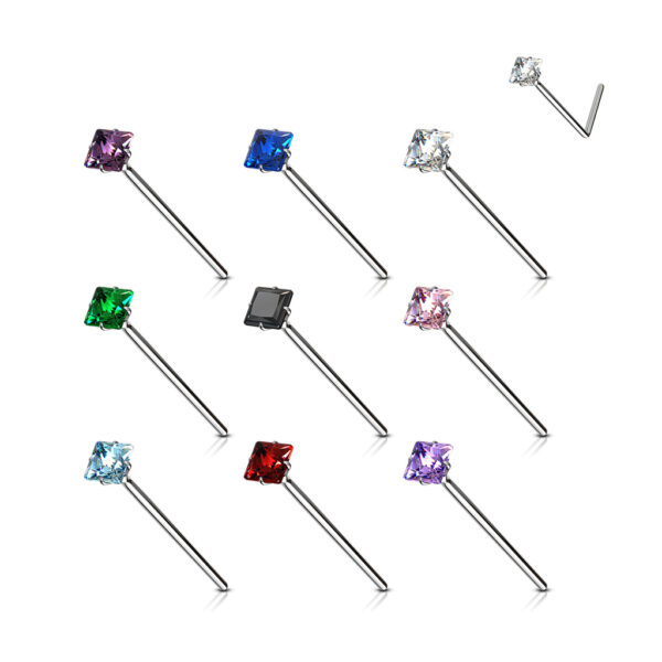 Fishtail neuspiercing 12mm met vierkante CZ steen van 2.5mm in verschillende kleuren - Afbeelding 3