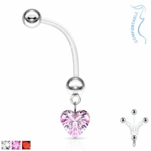 Bioflex flexibele navelpiercing met CZ hartje hanger in verschillende kleuren