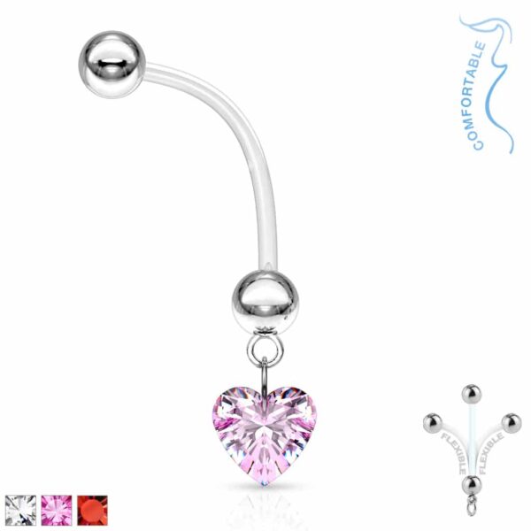 Bioflex flexibele navelpiercing met CZ hartje hanger in verschillende kleuren