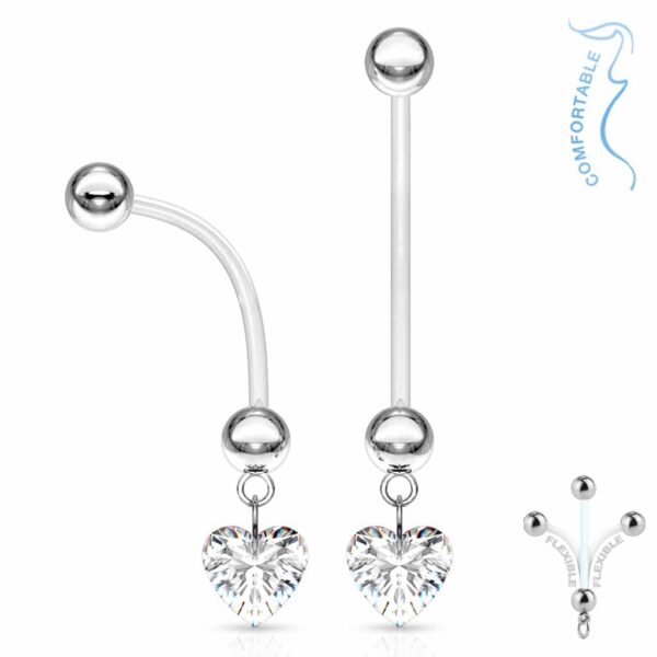 Bioflex flexibele navelpiercing met CZ hartje hanger in verschillende kleuren - Afbeelding 2