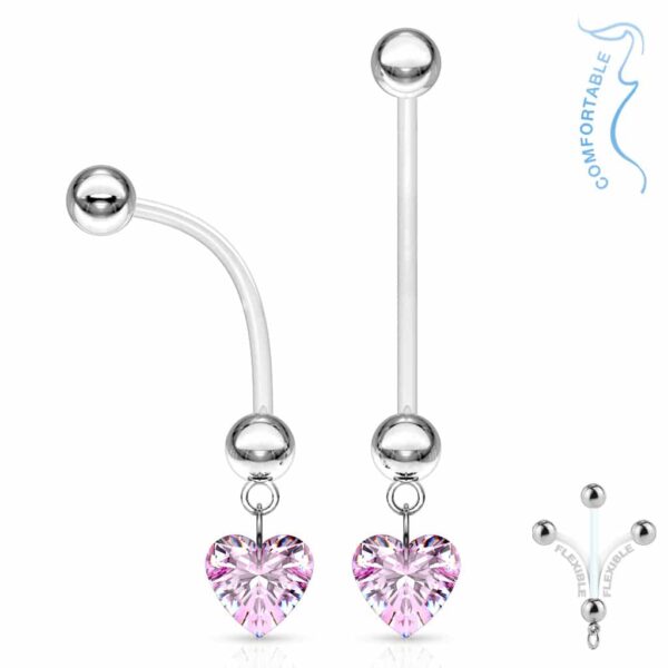 Bioflex flexibele navelpiercing met CZ hartje hanger in verschillende kleuren - Afbeelding 3