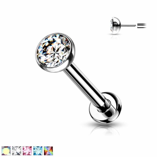 Titanium Threadless Push in Labret met CZ steentje in verschillende kleuren