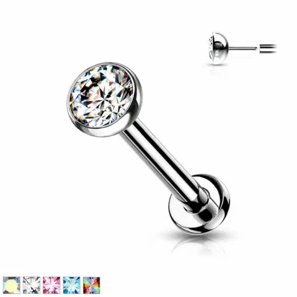 Titanium Threadless Push in Labret met CZ steentje in verschillende kleuren