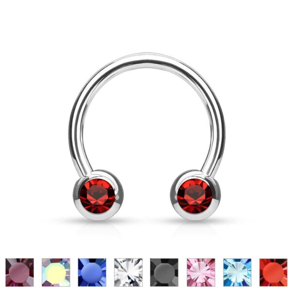 Circular barbell met balletjes met zichbaar kristal in verschillende kleuren