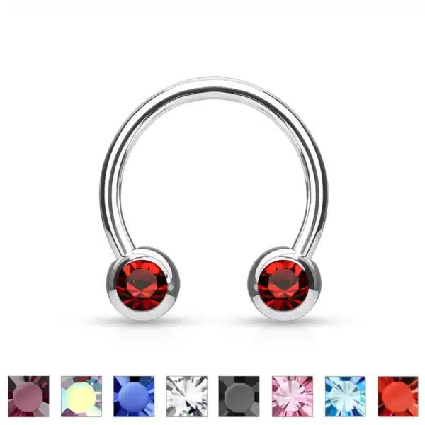 Circular barbell met balletjes met zichbaar kristal in verschillende kleuren