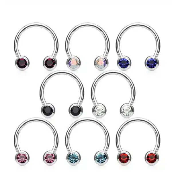Circular barbell met balletjes met zichbaar kristal in verschillende kleuren - Afbeelding 2