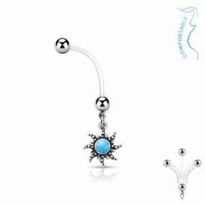 Bioflex flexibele navelpiercing met turquoise zonnetje en antiek zilver plating