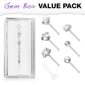 Set van 7 verschillende neusbone piercings in een doorzichtig doosje