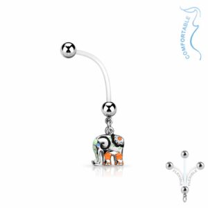 Bioflex flexibele navelpiercing met kleurijk olifant hangertje