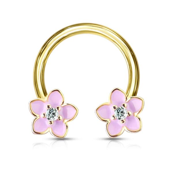 Circular barbell met goudkleur coating en bloem en roze CZ steentjes