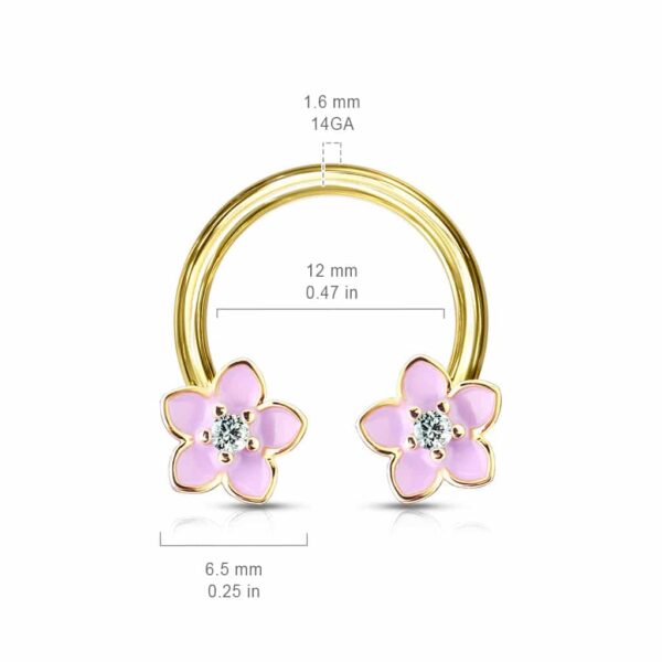 Circular barbell met goudkleur coating en bloem en roze CZ steentjes - Afbeelding 2