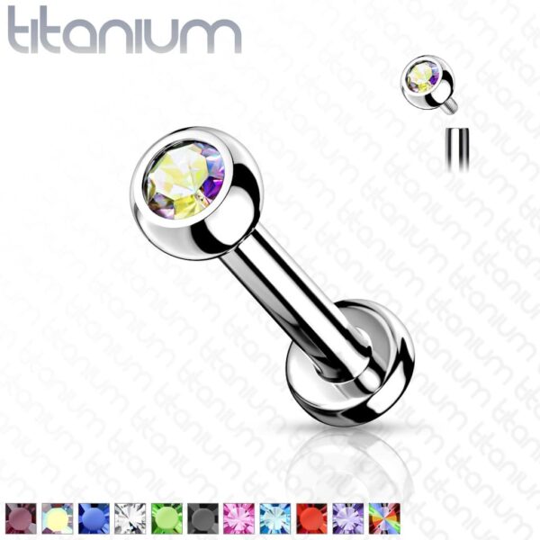 Intern geschroefde labret piercing van titanium met kristal