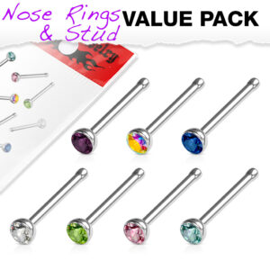 Set van 7 neus bones 2mm piercings met verschillende kleuren CZ stenen