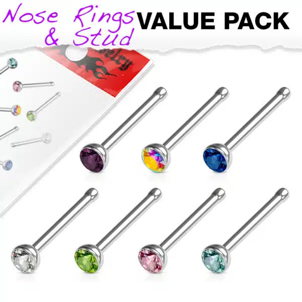 Set van 7 neus bones 2mm piercings met verschillende kleuren CZ stenen