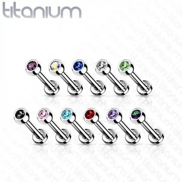 Intern geschroefde labret piercing van titanium met kristal - Afbeelding 2