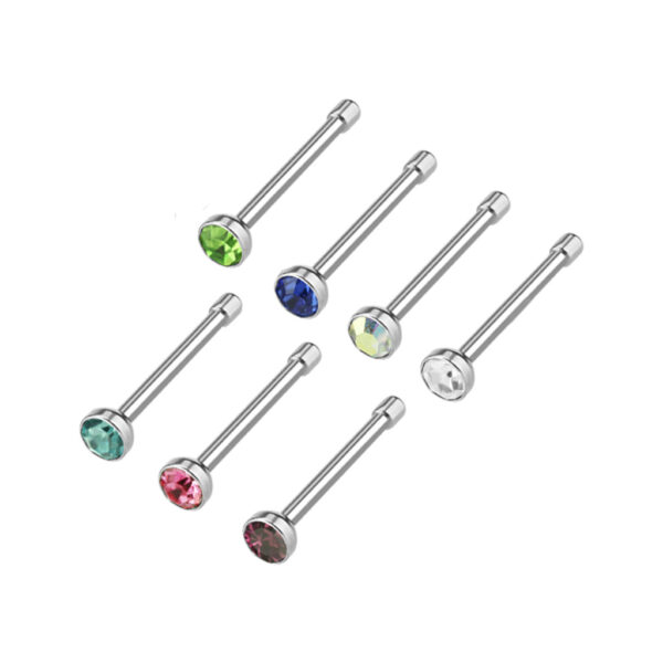 Set van 7 neus bones 2mm piercings met verschillende kleuren CZ stenen - Afbeelding 2