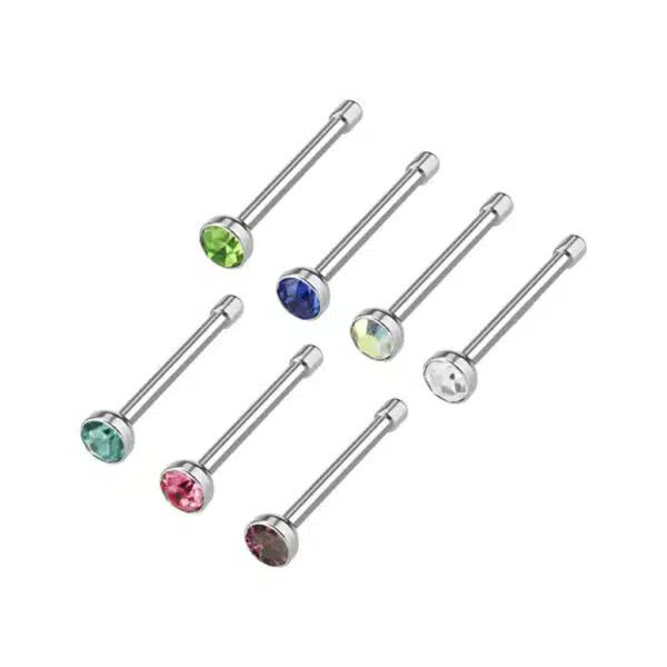 Set van 7 neus bones 2mm piercings met verschillende kleuren CZ stenen - Afbeelding 2