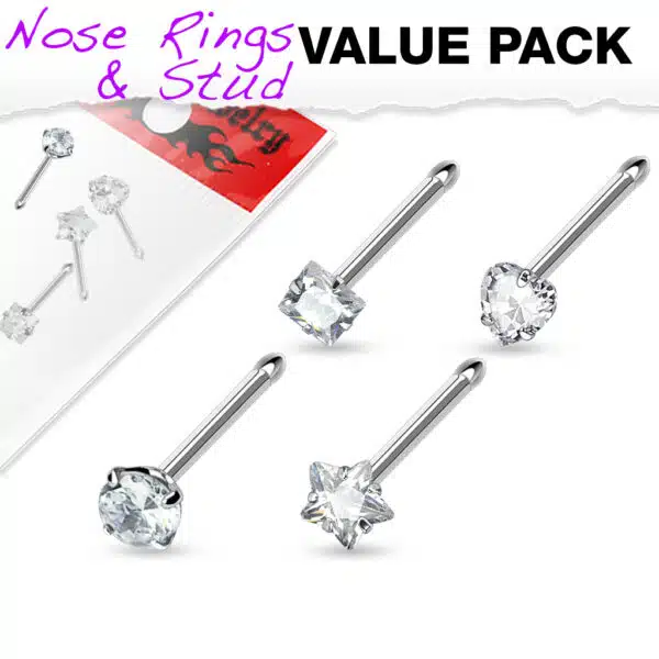 Set van 4 neus screw 2mm piercings met verschillende vormen prong sets