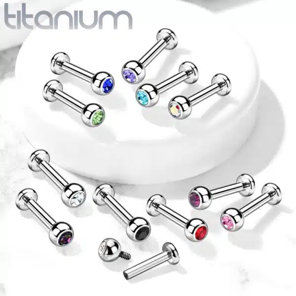 Intern geschroefde labret piercing van titanium met kristal - Afbeelding 4