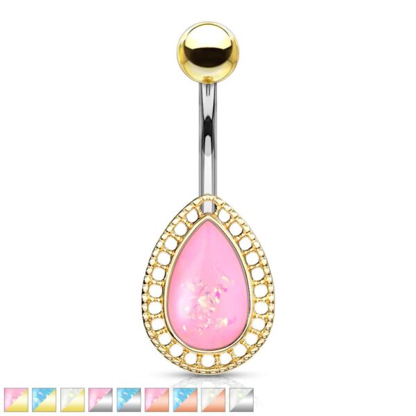 Navelpiercing met druppel steen met glitters in verschillende kleuren