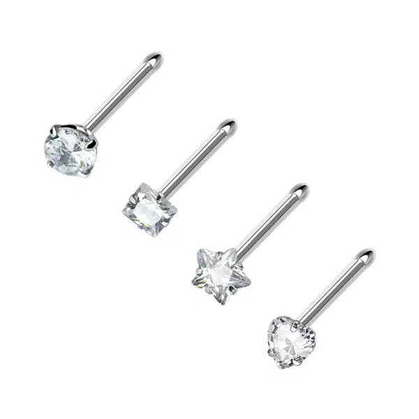 Set van 4 neus screw 2mm piercings met verschillende vormen prong sets - Afbeelding 2