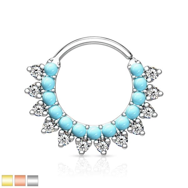 Piercing ring met turquoise en heldere CZ steentjes