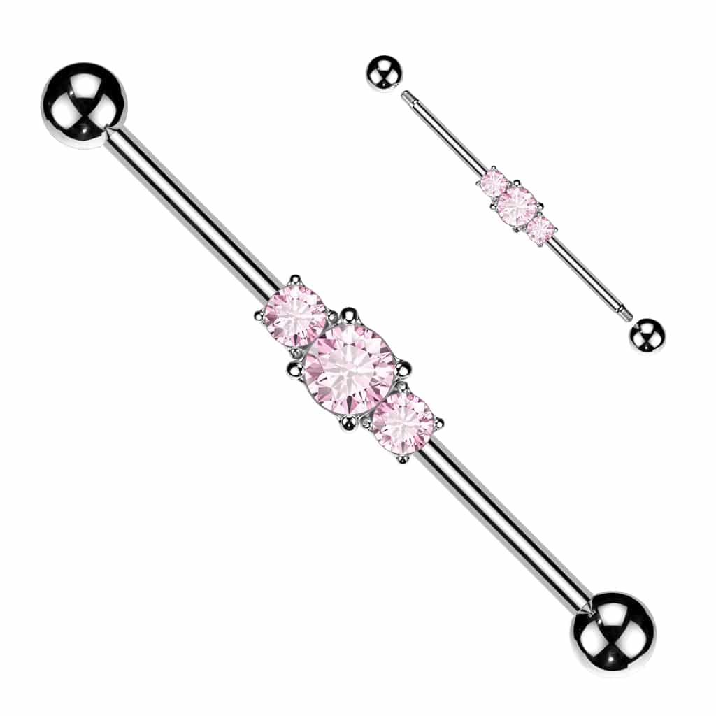 Industrial barbell met 3 stenen (Dikte: 1.6 mm, Steenkleur: Roze)