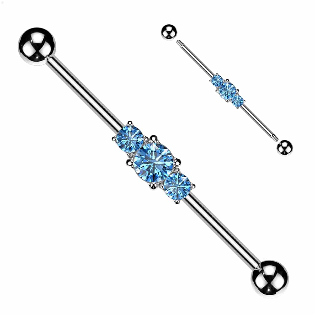 Industrial barbell met 3 stenen (Dikte: 1.6 mm, Steenkleur: Babyblauw)
