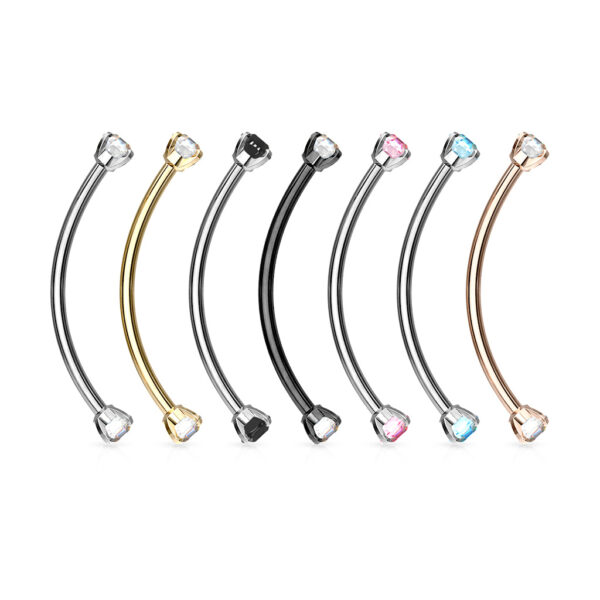 Gebogen barbell in van chirurgisch staal met CZ prong-set balletjes in verschillende kleuren - Afbeelding 3