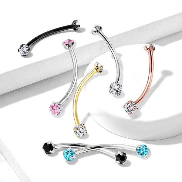 Gebogen barbell in van chirurgisch staal met CZ prong-set balletjes in verschillende kleuren - Afbeelding 4