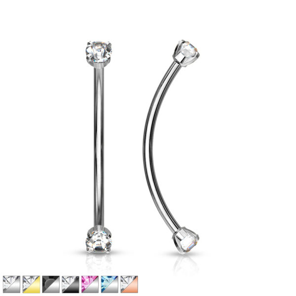 Gebogen barbell in van chirurgisch staal met CZ prong-set balletjes in verschillende kleuren