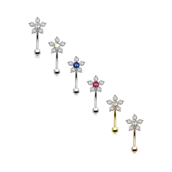 Gebogen barbell met CZ prong-set bloemetje in verschillende kleuren - Afbeelding 3