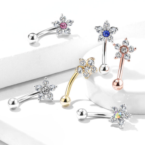 Gebogen barbell met CZ prong-set bloemetje in verschillende kleuren - Afbeelding 5