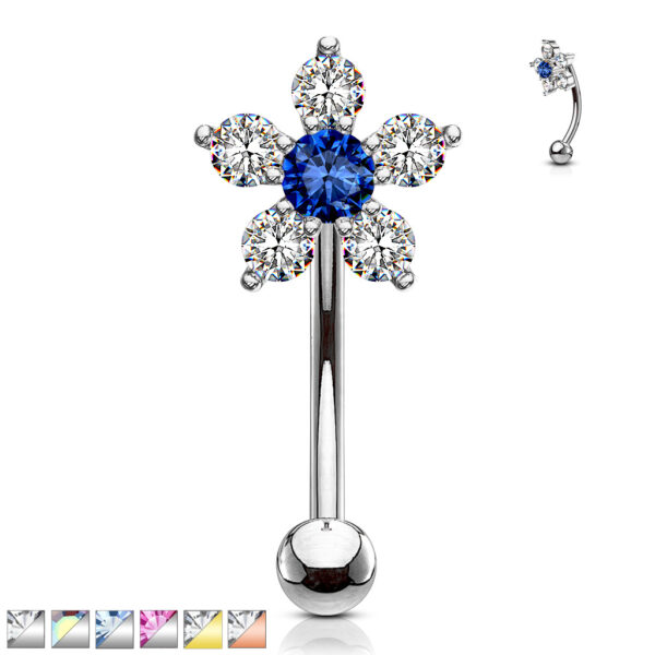Gebogen barbell met CZ prong-set bloemetje in verschillende kleuren