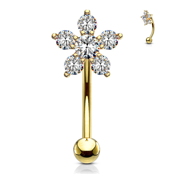 Gebogen barbell met CZ prong-set bloemetje in verschillende kleuren - Afbeelding 10
