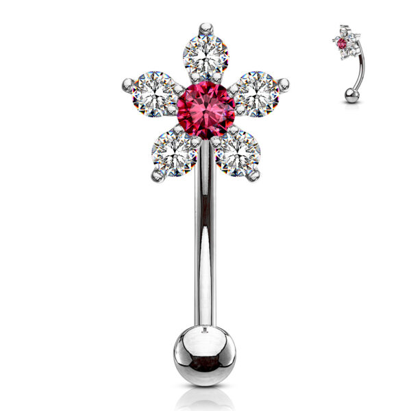Gebogen barbell met CZ prong-set bloemetje in verschillende kleuren - Afbeelding 9