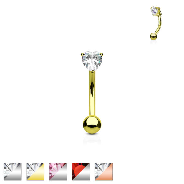 Gebogen barbell met CZ prong-set hartje in verschillende kleuren