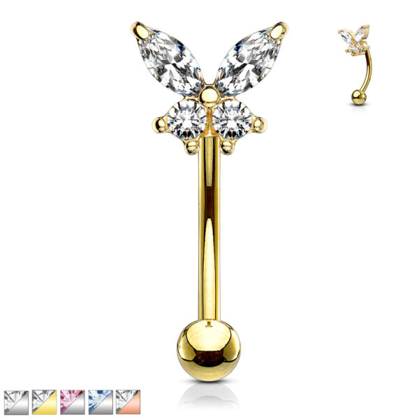 Gebogen barbell met CZ prong-set vlinder in verschillende kleuren