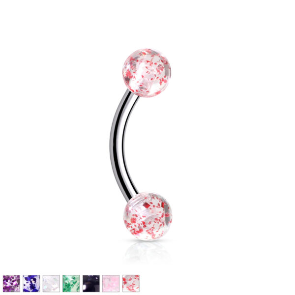 Gebogen barbell met glitter acryl balletjes in verschillende kleuren