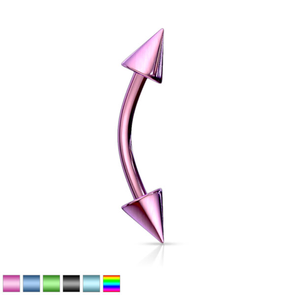 Gebogen barbell met spikes van chirurgisch staal met titanium coating in verschillende kleuren - Afbeelding 2